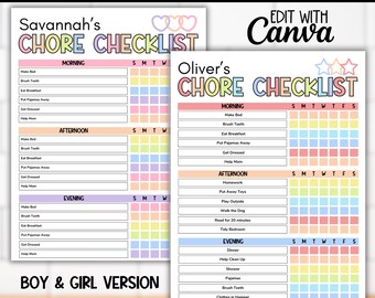 May include: Printable chore checklist for kids with a colorful design. The checklist includes a weekly schedule for morning, afternoon, and evening chores. The checklist is customizable with names and chores. The text on the checklist says "Weekly Chore Checklist", "Savannah's Chore Checklist", "Oliver's Chore Checklist", "Boy & Girl Version", "Editable Canva Template", "Instant Download", and "8.5x11".