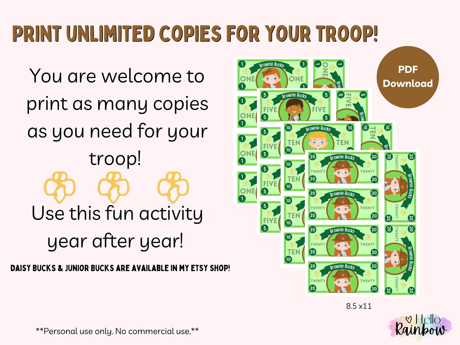 Girl Scout Money Printable Brownie Girl Scout Troop Girl - Etsy