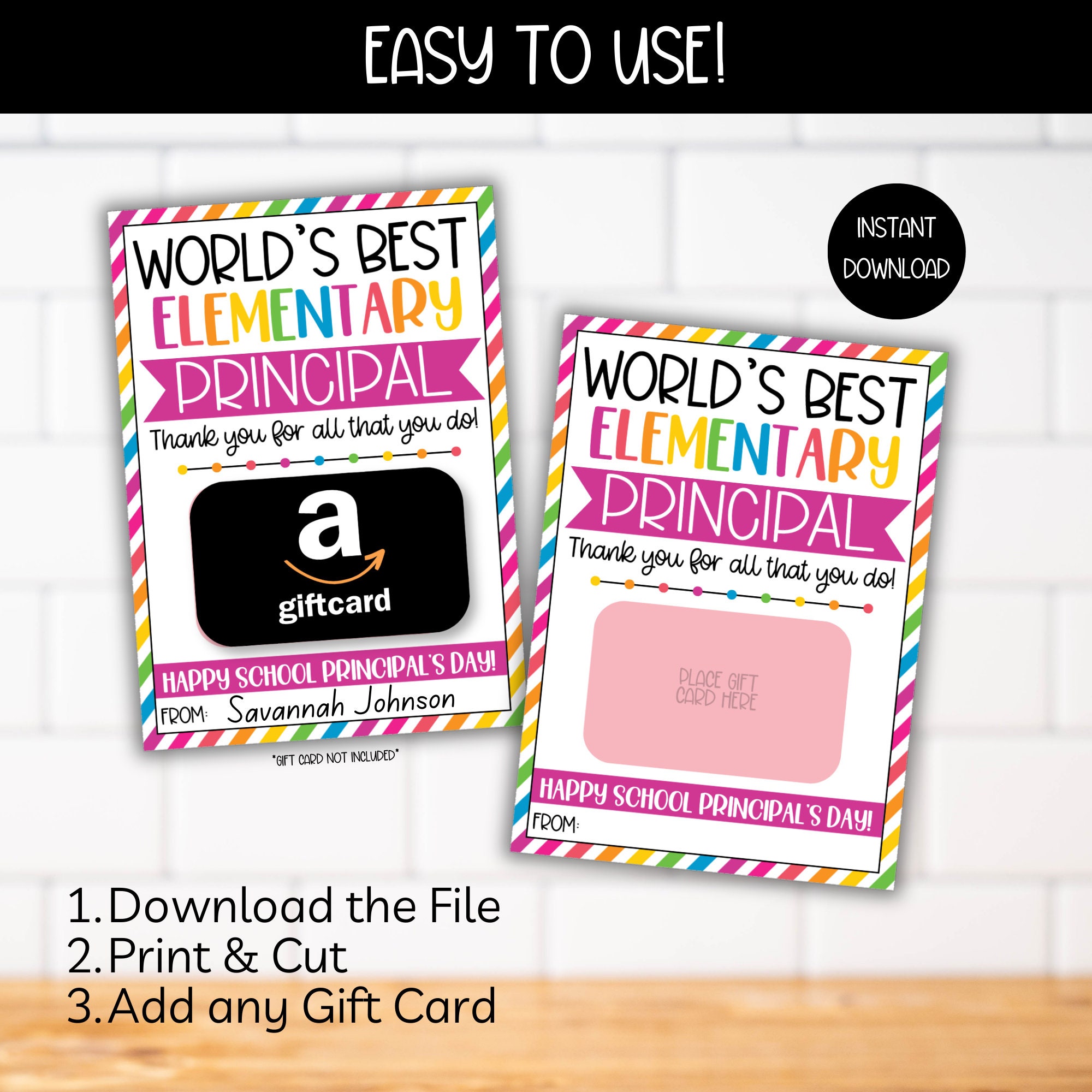 Elementary Principal Day Gift Card Holder, School Principal Appreciation Day, World's Best Elementary School Principal Printable Card
