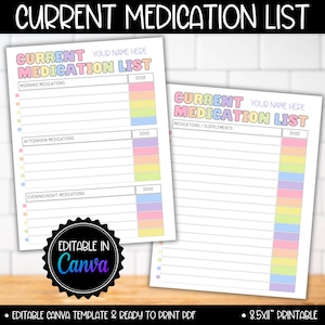 May include: Printable medication list template with a pastel color scheme. The template is divided into three sections: morning, afternoon, and evening/night medications. Each section has a space for the medication name and dosage. The template is editable in Canva and is ready to print.