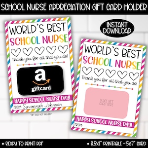 Porta-cartão-presente para o dia de agradecimento da enfermeira escolar, os melhores presentes para enfermeiras escolares do mundo, cartão-presente de agradecimento, download instantâneo para impressão