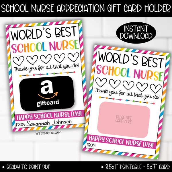 School Nurse Appreciation Day Gift Card Holder, World's Best School Nurse Gifts, School Nurse Thank you Giftcard Instant Download Printable