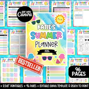 May include: A vibrant summer planner titled "Katie's Summer Planner 2026", marked as a "BESTSELLER". It features pages for daily chores, schedules, meal planning, book reviews, mazes, and I-Spy games. The planner is an A4 printable with 96 pages.