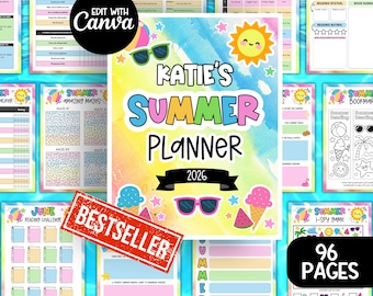 Summer Planner Activities Kids, Summer Routine Calendar Bucket List Chore Chart, Summer Camp Sign Flags, Summer Reading Chart Log Schedule