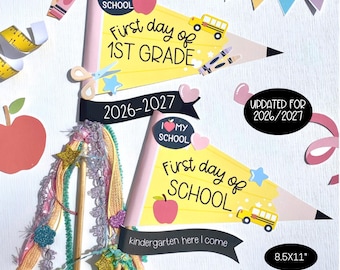 2026-2027 Primer día de clases, banderín de lápiz, letrero de regreso a clases para todos los grados, letrero de educación en el hogar para preescolar y preescolar.