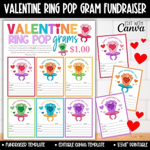 May include: A Valentine's Day Ring Pop Gram fundraiser template. The design features colorful ring pop graphics with heart-shaped gems. The text includes "Happy Valentine's Day" and fields for "To," "From," and "Message."