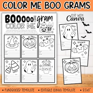May include: Printable black and white coloring pages featuring Halloween themed characters like ghosts, pumpkins, bats, and candy corn. The pages are labeled with the text "BOOooo!!gram COLOR ME" and include space for a teacher's name, room number, and a message. The text "EDIT WITH Canva" is also included on the page.