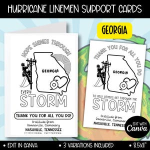 Tarjeta de agradecimiento para linieros, tarjeta de apoyo al huracán Helene, Georgia, actividad para colorear e imprimir para niños, linieros de primera respuesta al huracán