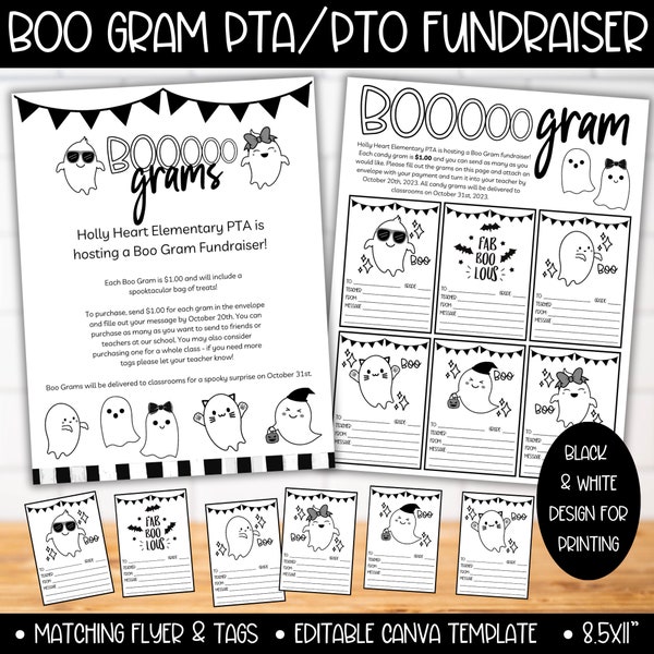 PTA PTO Boo Gram Fundraiser Flyer Template, School Fundraiser Ideas, Boo Bag Fundraiser Halloween pta pto Flyer, Black and White Printing