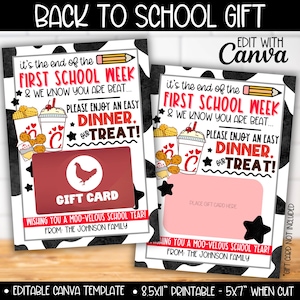 May include: Printable 8.5x11 inch gift card template with a cow print background. The template features a Chick-fil-A themed design with a gift card placeholder and the text "It's the end of the first school week & we know you are beat... Please enjoy an easy dinner. Our treat!"