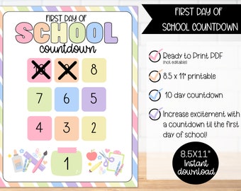 First Day of School Countdown for Kids Printable PDF | Countdown to Back to School 2024 Sign Print for Children | 10 day School Count Down