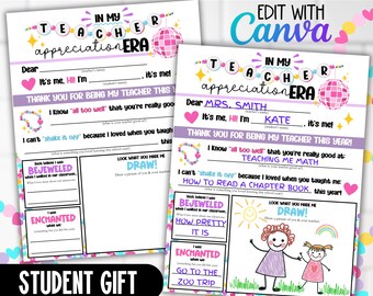 May include: Printable teacher appreciation gift card with a pink and purple disco ball design. The card has a fill-in-the-blank message for students to write to their teacher. The card includes a section for students to draw a picture of their teacher. The card is 8.5 inches by 11 inches and can be edited using Canva.