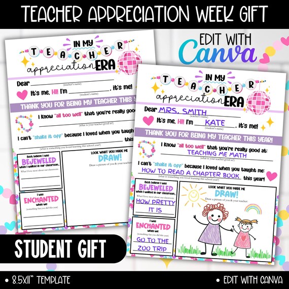 All About My Teacher Appreciation Week Coloring Gift from Students, My Teacher Era Thank You Page, Pop Star Sheet Student Questionnaire