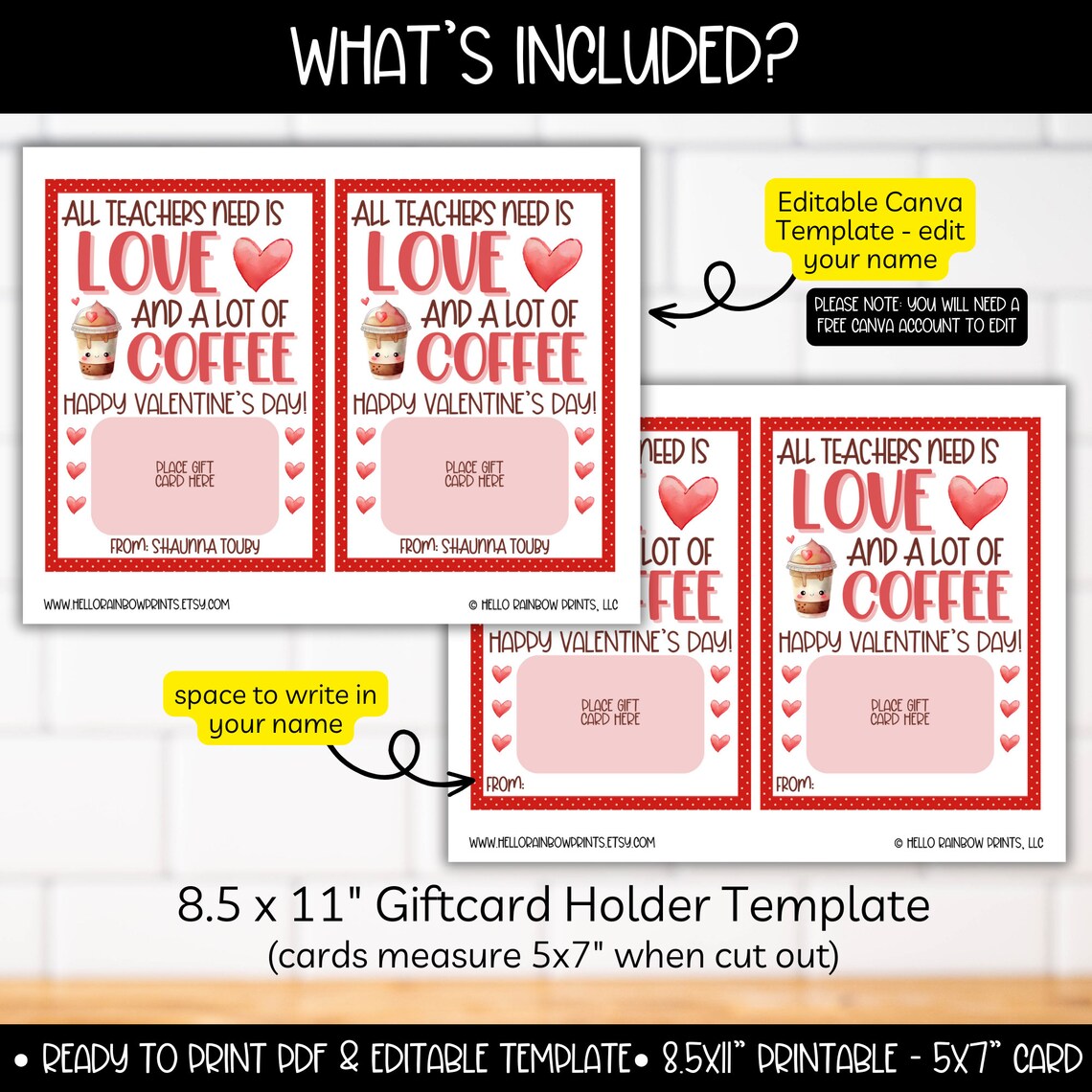 Valentine's Day Teacher Coffee Gift Card Holder Pink Red Card Tag ...