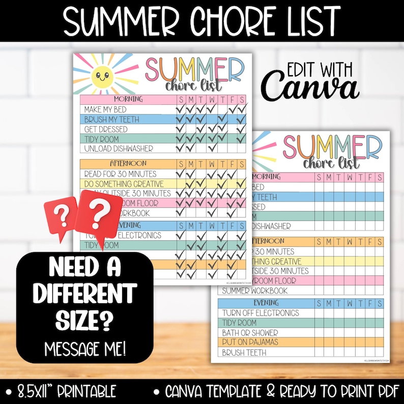 Editable Summer Chore Chart List for Kids, Teen Chores Reward System Tracker Charts, Summer Routine Responsibility Checklist, Chore Calendar image 4
