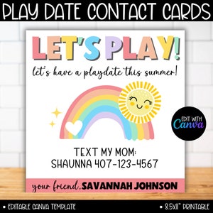 Let's Play Playdate Invite Karten Kinder Vorlage, Keep In Touch Karten, Ende des Schuljahres, Klasse Candy Geschenkanhänger, Sommer Kontaktkarte