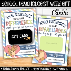 Modèle de carte-cadeau de la semaine d'appréciation de la psychologie scolaire, cadeaux pour conseiller psychologique scolaire, modèle de cartes-cadeaux de remerciement pour le jour de la semaine de psychologie