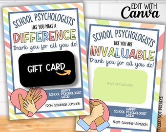 Può includere: Due modelli di biglietti regalo stampabili per psicologi scolastici. Il primo modello presenta il testo "Gli psicologi scolastici come te fanno la differenza Grazie per tutto quello che fai!" con un segnaposto per un biglietto regalo e il testo "Buona settimana dello psicologo scolastico! Da Savannah Johnson". Il secondo modello presenta il testo "Gli psicologi scolastici come te sono inestimabili Grazie per tutto quello che fai!" con un segnaposto per un biglietto regalo e il testo "Buona settimana dello psicologo scolastico! Da Savannah Johnson".