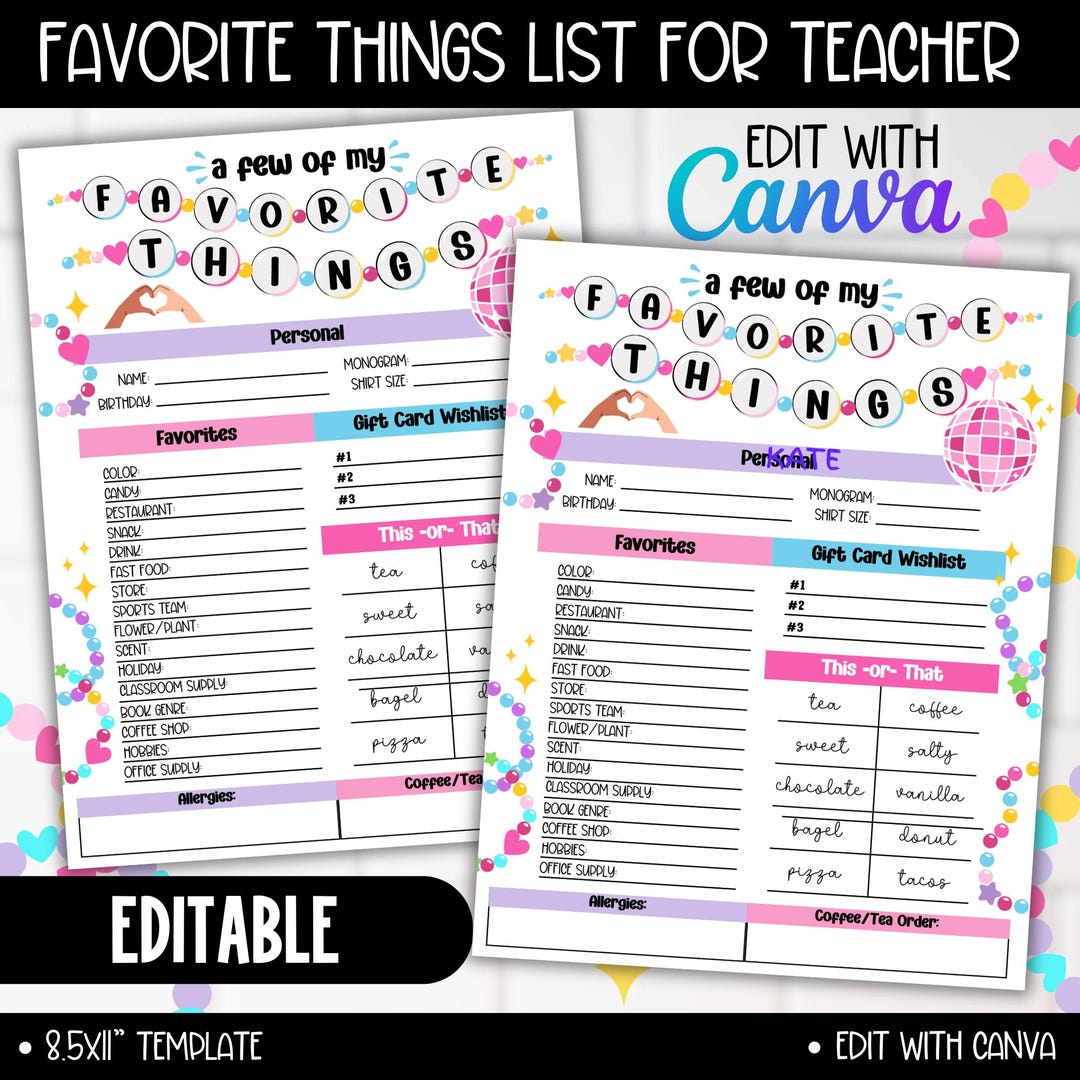 Editable Teacher Appreciation Favorite Things Form, Get to Know Teacher ...