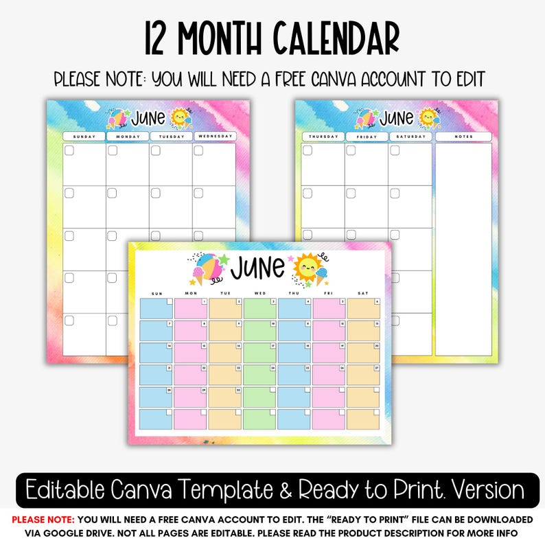 May include: A colorful 12-month calendar template with a June layout. The design features a watercolor background with pastel colors and playful illustrations of ice cream, a sun, and a beach ball. Text includes "12 Month Calendar" and "Editable Canva Template & Ready to Print."