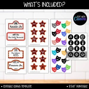 May include: Editable Canva template for a theater production. The template includes a variety of elements, such as star-shaped awards, masks, and musical notes. The text "EDIT WITH CANVA" is visible in the upper right corner of the image.
