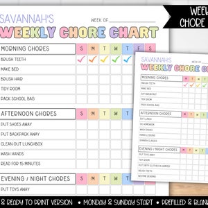 May include: A printable weekly chore chart for kids with a colorful design. The chart includes sections for morning, afternoon, and evening/night chores. The chart is customizable with a blank version and a prefilled version.