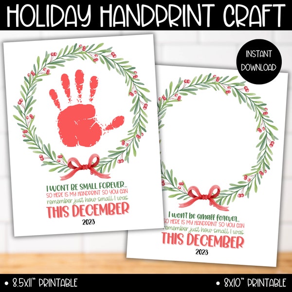 2023 Christmas Holiday Wreath Poem Handprint Toddler Baby Printable Craft, Homeschool Daycare Craft, Xmas Preschool Kindergarten Activity
