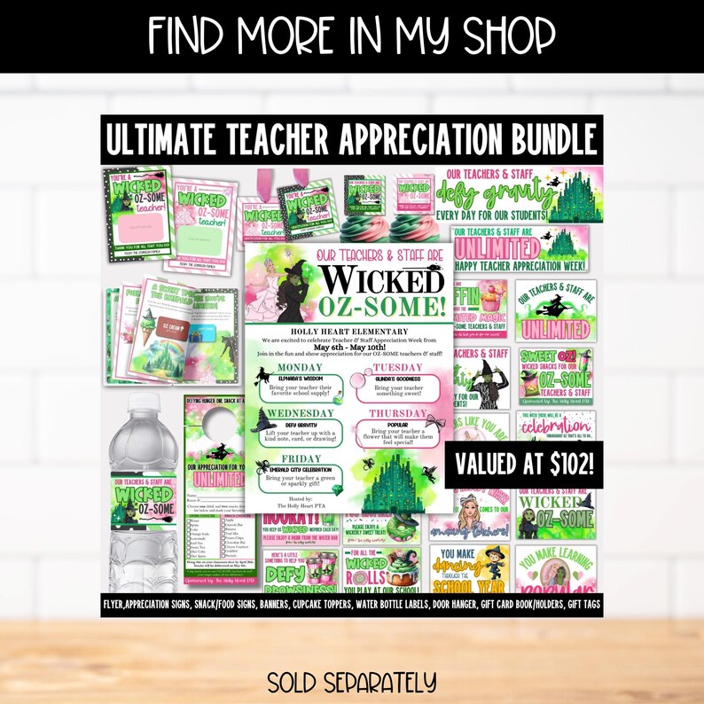 May include: A printable teacher appreciation bundle with a Wicked Oz-some theme. The bundle includes a variety of items such as signs, banners, cupcake toppers, water bottle labels, door hangers, gift card holders, and gift tags. The items are decorated with a green and pink color scheme and feature images of the Wicked Witch of the West and the Emerald City.
