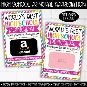 High Principal Day Gift Card Holder, School Principal Appreciation Day, World's Best High School Principal Printable Card