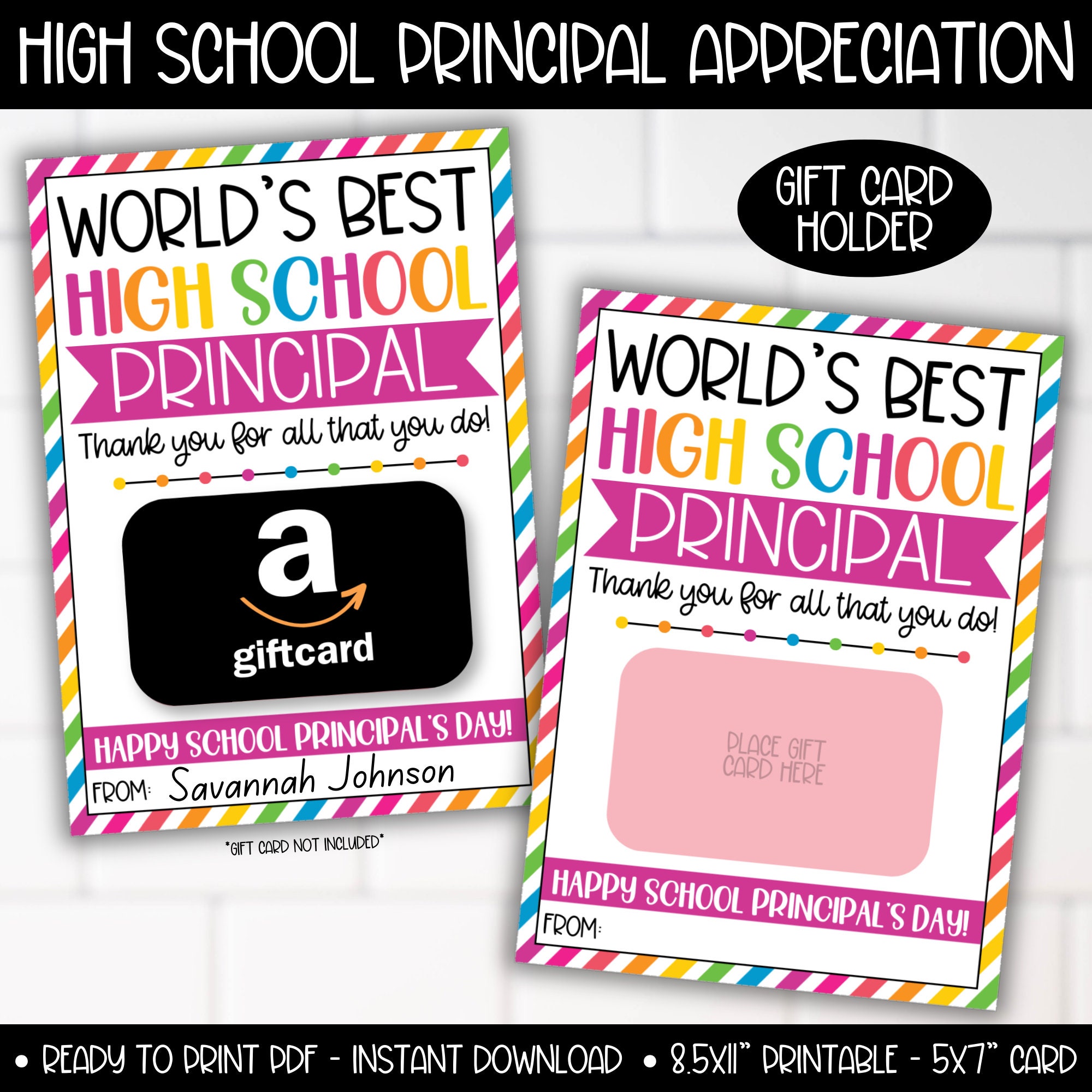High Principal Day Gift Card Holder, School Principal Appreciation Day, World's Best High School Principal Printable Card