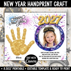 May include: A New Year handprint craft template featuring a gold glitter handprint, the year 2027 in gold, and a circular photo frame. The design includes text reading Happy New Year, Olivia, and a poem, with confetti and fireworks on a white background.