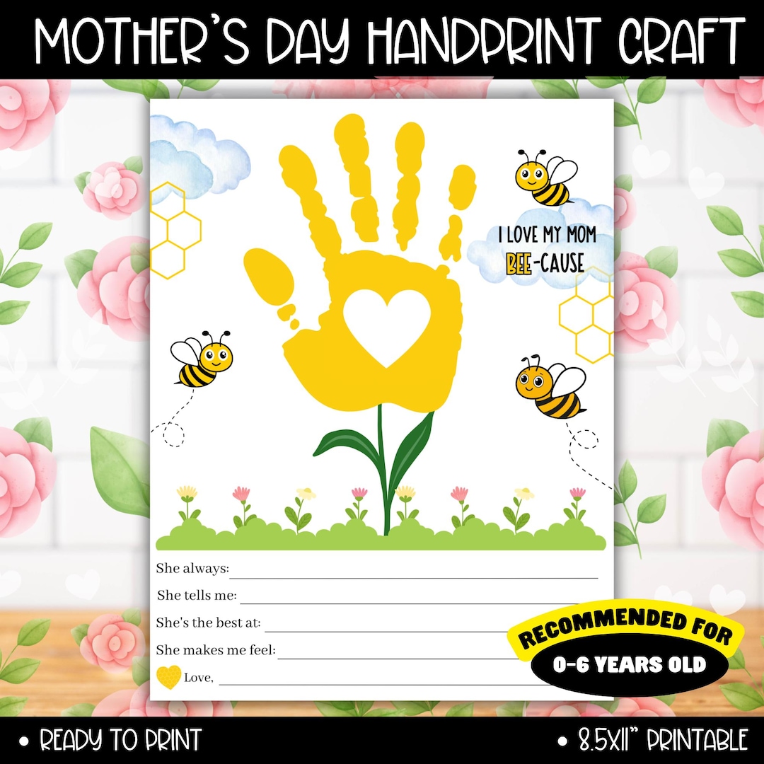 Mother's Day Bee Flower Handprint Craft, Gift for Mom Printable, Kids ...