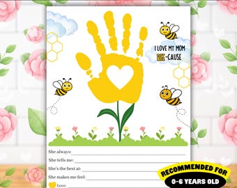 Mother's Day Bee Flower Handprint Craft, Gift for Mom Printable, Kids Mothers Day Activity Crafts, Baby Toddler Hand Prints Preschool Art