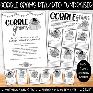 PTA PTO Gobble Turkije Thanksgiving Gram Fundraiser Flyer Template, ideeën voor schoolinzamelingsactie, inzamelingsactie voor school, zwart-wit afdrukken