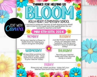 Teacher Staff Appreciation Week Floral Theme Flyer, Teachers Appreciation Flower Bloom Itinerary Schedule, Staff Spring Garden Theme Sign
