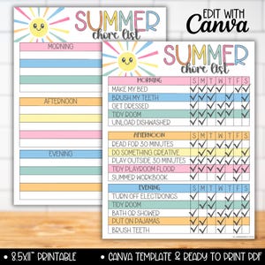 Bearbeitbare Sommer-Job-Chart-Liste für Kinder, Belohnungssystem-Tracker-Charts für Teenager, Checkliste für die Sommer-Routine, Chore-Kalender