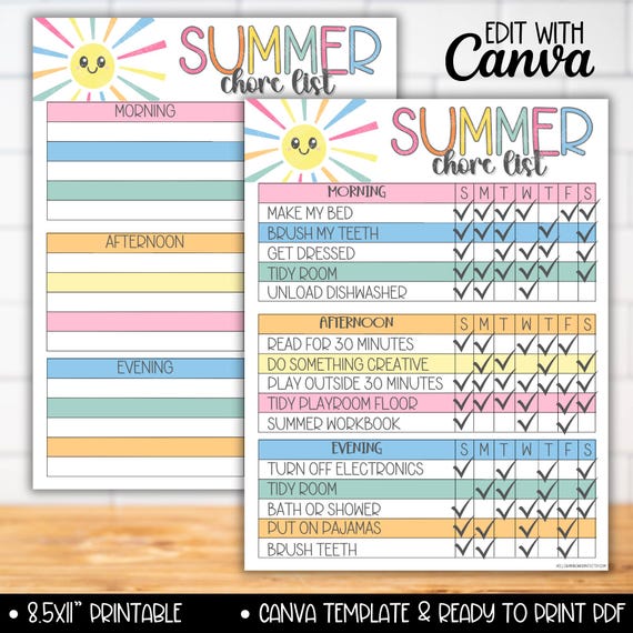 Editable Summer Chore Chart List for Kids, Teen Chores Reward System Tracker Charts, Summer Routine Responsibility Checklist, Chore Calendar