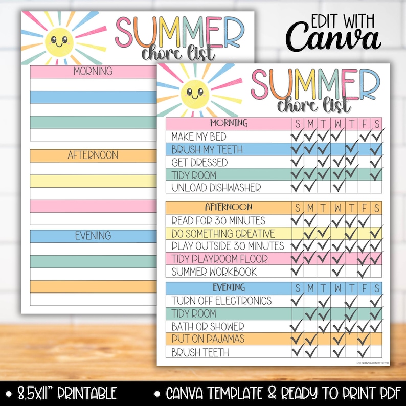 Editable Summer Chore Chart List for Kids, Teen Chores Reward System Tracker Charts, Summer Routine Responsibility Checklist, Chore Calendar image 1