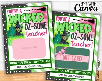 Wicked Teacher Appreciation Week Theme Gift Card Holder Canva Template, Thank you Staff Gift Tag, Editable Elphaba Glinda Teacher Gift Tag