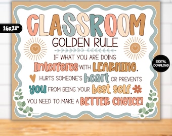 Boho Classroom Golden Rule Poster, Behavior Expectations Chart, Preschool Kindergarten Class Rules Sign, Groovy Boho Classroom Decor Theme