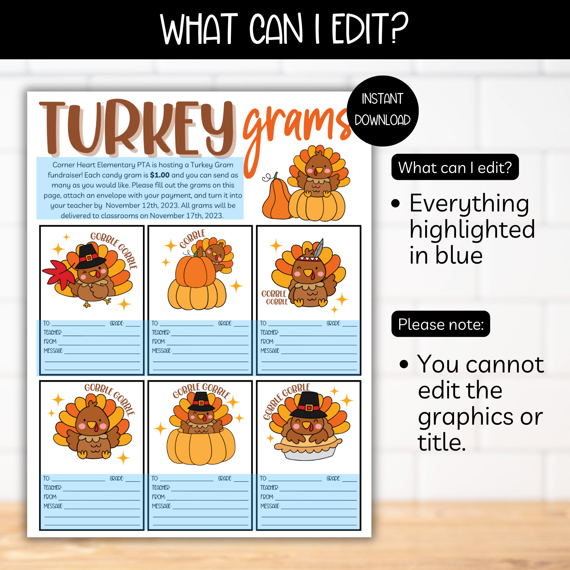PTA PTO Turkey Grams Fundraiser Flyer Template, Autumn School ...