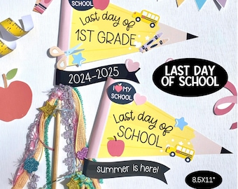 Last Day of School Pencil Flag Sign Craft, 2024-2025 End of Year Pennant Flags Printable, Preschool Pre K 2 3, TK Kindergarten Last Day Sign