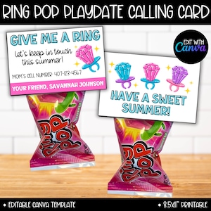 Lollipop Playdate-telefoonkaartsjabloon meisje, zomer speeldatum traktatie contacttag, einde schooljaar klascadeau Goody Bag, contactkaart