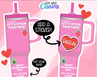 Stanley Water Bottle Cup Valentine's Day Cards, Unique Teen Tween Valentine Card Topper Tag, Valentines Sticker Gift for Kids Class School