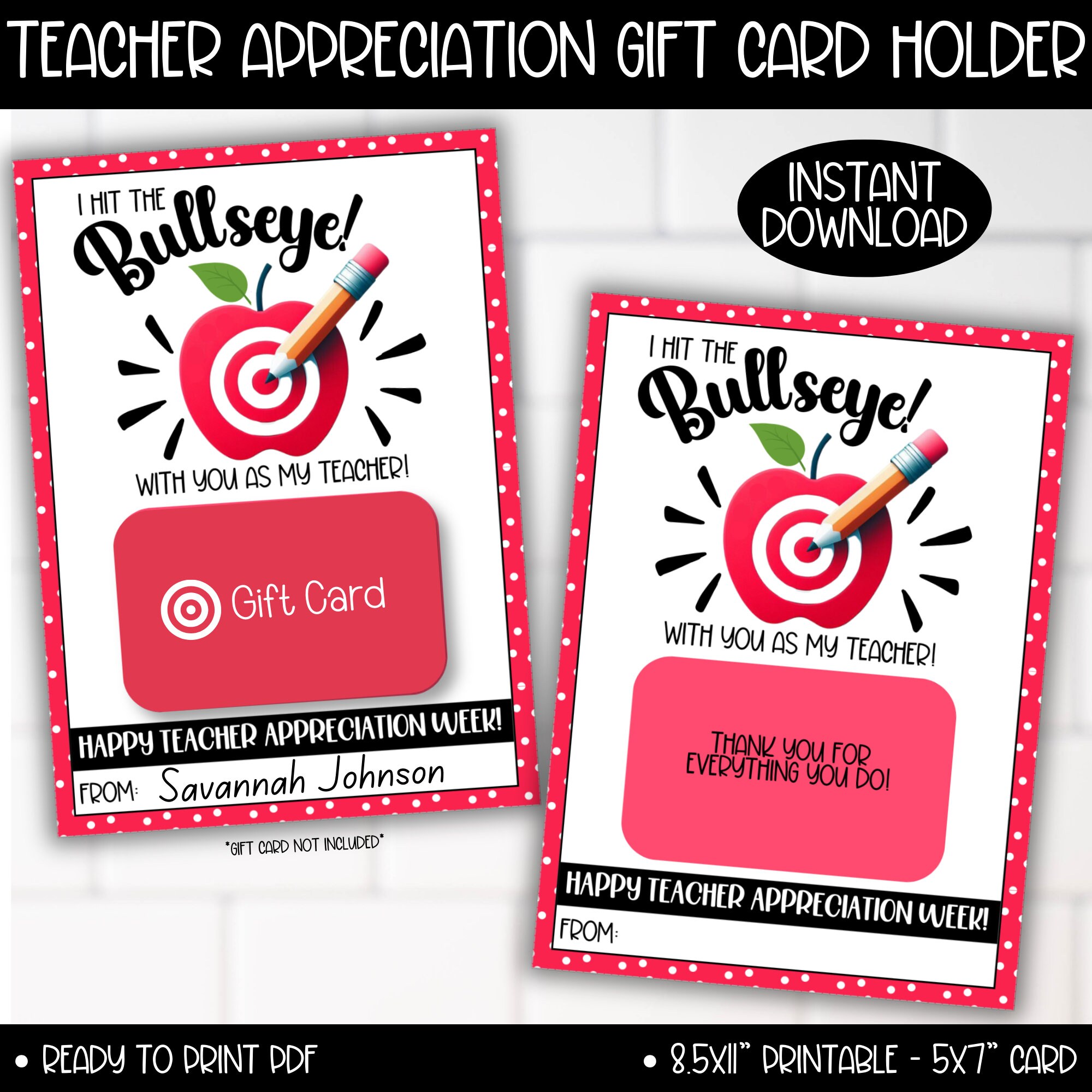 Teacher Appreciation Week Gift Card Holder, We Hit the Bulleye Card, Teacher Gifts from Student, Teacher Gift Basket Tag, Teacher Gift Card