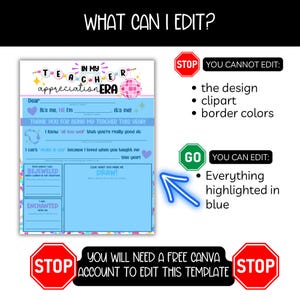 May include: A printable teacher appreciation card with a blue background and a disco ball graphic. The card has text that says "In My Teacher Appreciation Era". The text "Dear" is at the top of the card, followed by blank lines for the student to fill in. The card also has a section for the student to write what they liked about their teacher. The card has a section for the student to draw a picture for their teacher. The card has a stop sign that says "You will need a free Canva account to edit this template".