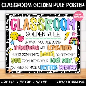 May include: A classroom poster featuring the text CLASSROOM GOLDEN RULE and the message: IF WHAT YOU ARE DOING INTERFERES WITH LEARNING, HURTS SOMEONE'S HEART OR PREVENTS YOU FROM BEING YOUR BEST SELF, YOU NEED TO MAKE A BETTER CHOICE! Includes icons.