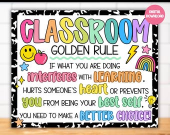Bright Classroom Golden Rule Poster, Elementary Class Rules Sign, Preschool Behavior Expectations Chart, Bold Brights Classroom Decor Theme