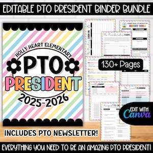 Editable PTO President Planner Canva BUNDLE, Membership Forms Newsletter Flyer, Weekly Yearly Calendar, PTO Agenda Tracker Events Template