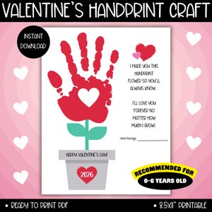 2026 Valentine’s Day Flower Handprint Craft Printable, Preschool Valentine Hand Art Activity, Heart Handprint Keepsake, Gift for Mom